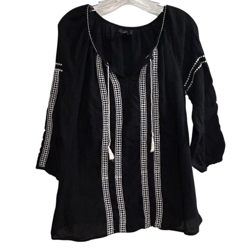 GAP Women's Black Embroidered Peasant Blouse Size L Long‎ Sleeve Casual